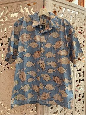 Tori Richard L Blue Coastal Turtle Fish Hawaiian Shirt Reverse Print Made in USA